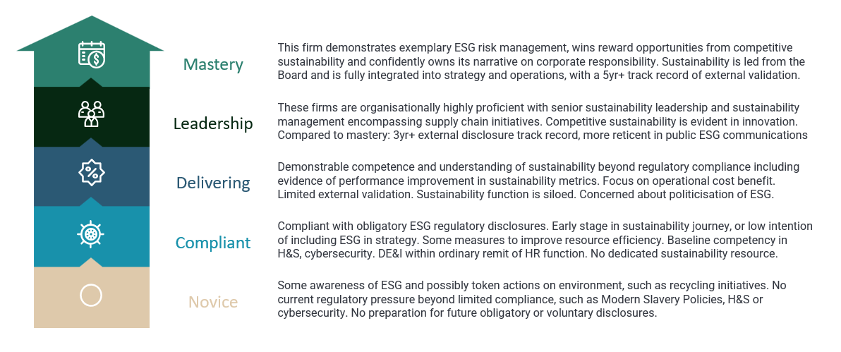 Stages of ESG sustainability maturity for firms describing attributes from novice to mastery